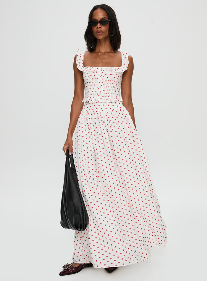 front view of model wearing Princess Polly Valerio Maxi Skirt White / Red Maxi