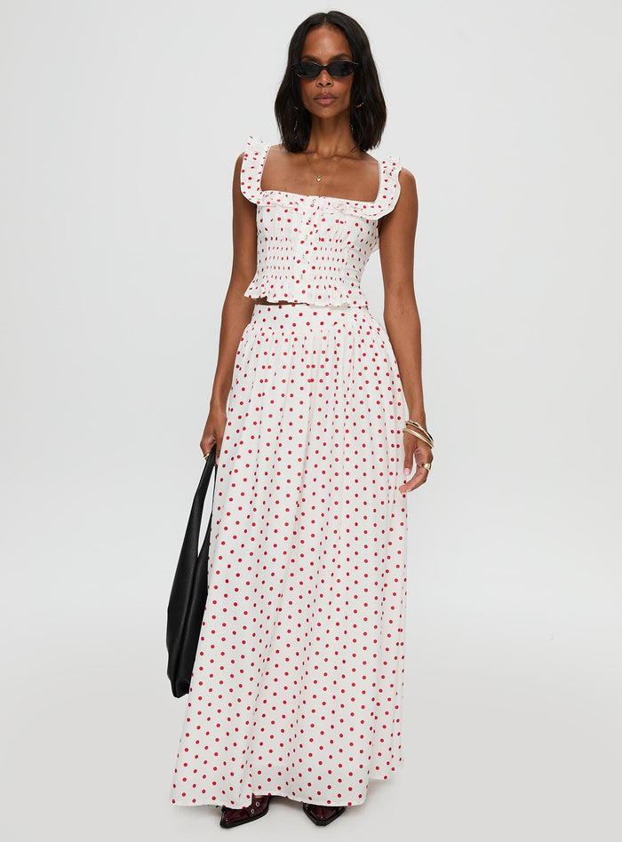 front view of model wearing Princess Polly Valerio Maxi Skirt White / Red Maxi