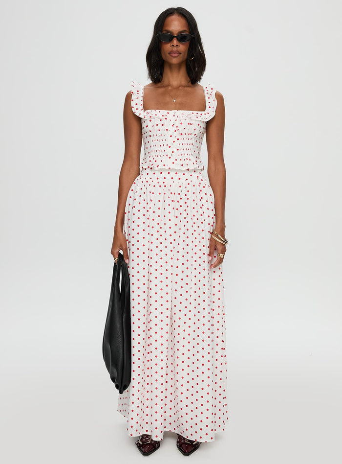 side view of model wearing Princess Polly Valerio Maxi Skirt White / Red Maxi