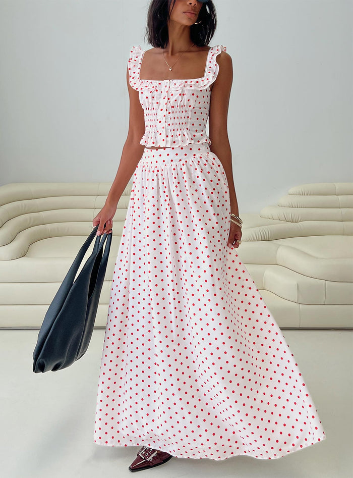 front view of model wearing Princess Polly Valerio Maxi Skirt White / Red Maxi