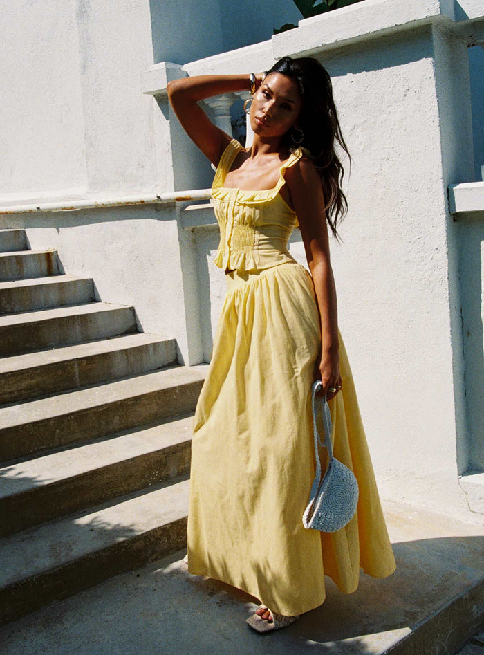 front view of model wearing Princess Polly Valerio Maxi Skirt Yellow Maxi