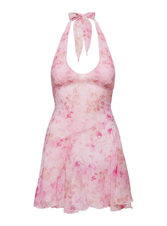 Valorie Halter Mini Dress Pink Scoop Neck