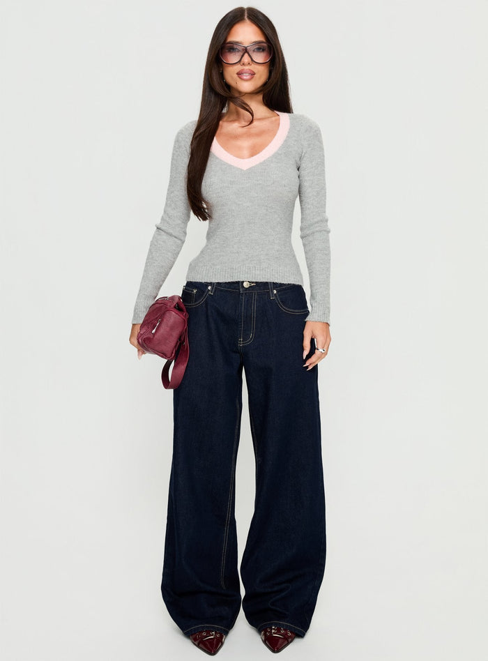 Vanita V Neck Long Sleeve Top Grey / Pink