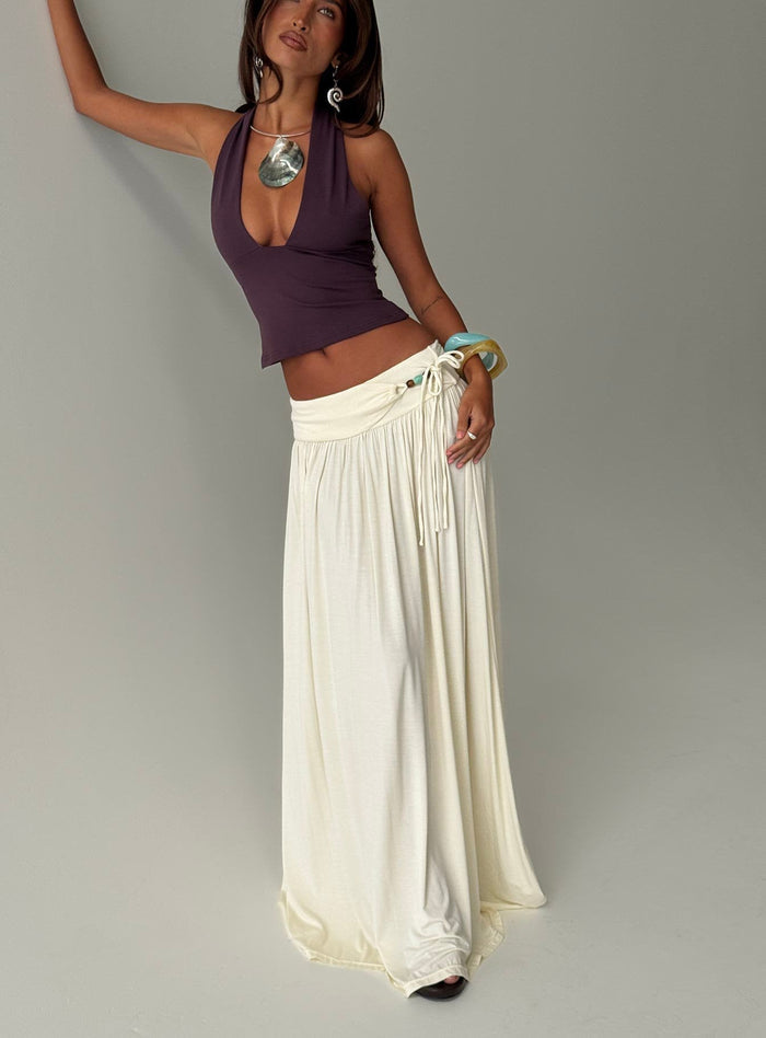 front view of model wearing Princess Polly Velvet Storm Tie Detail Flowy Maxi Skirt Cream Maxi Skirts Skirts