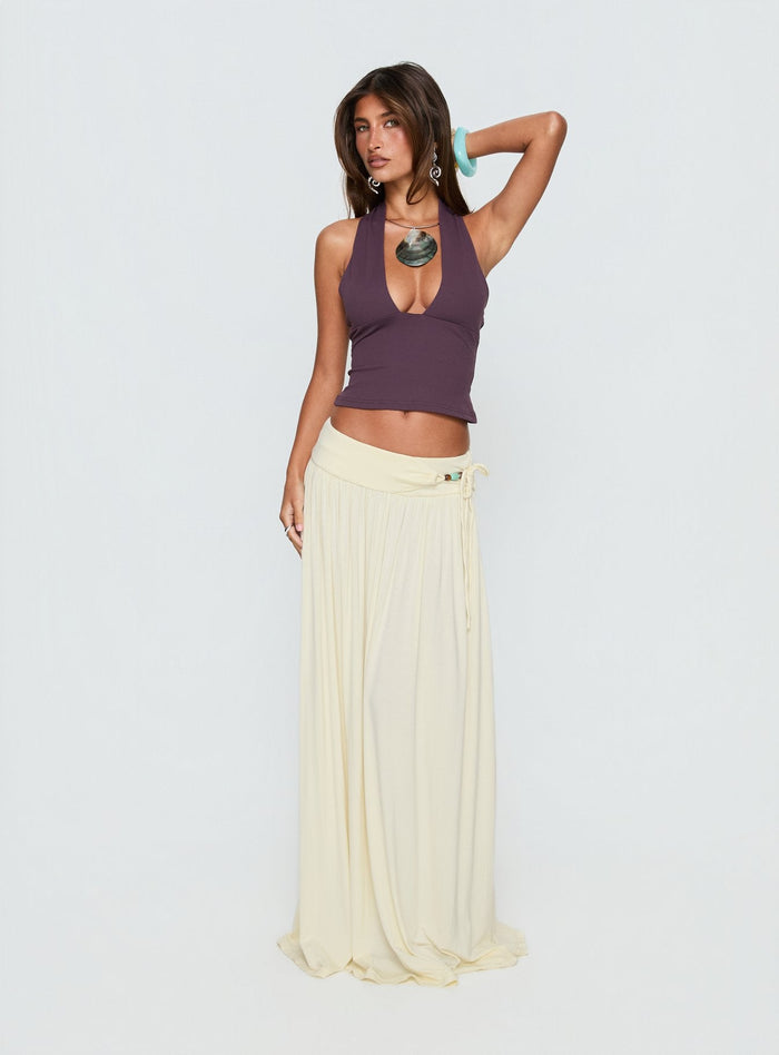 side view of model wearing Princess Polly Velvet Storm Tie Detail Flowy Maxi Skirt Cream Maxi Skirts Skirts