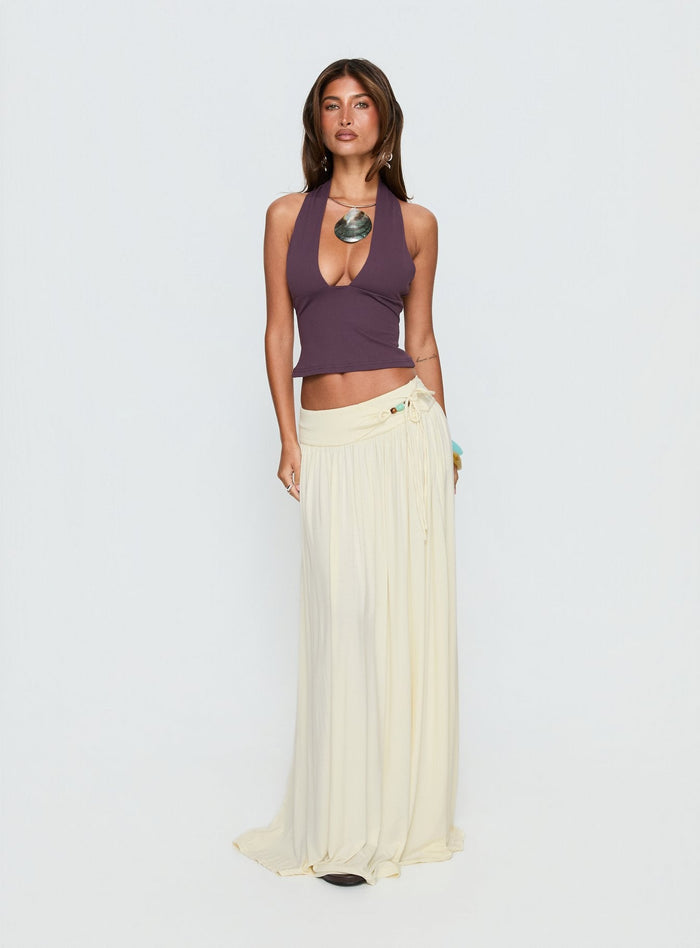 front view of model wearing Princess Polly Velvet Storm Tie Detail Flowy Maxi Skirt Cream Maxi Skirts Skirts