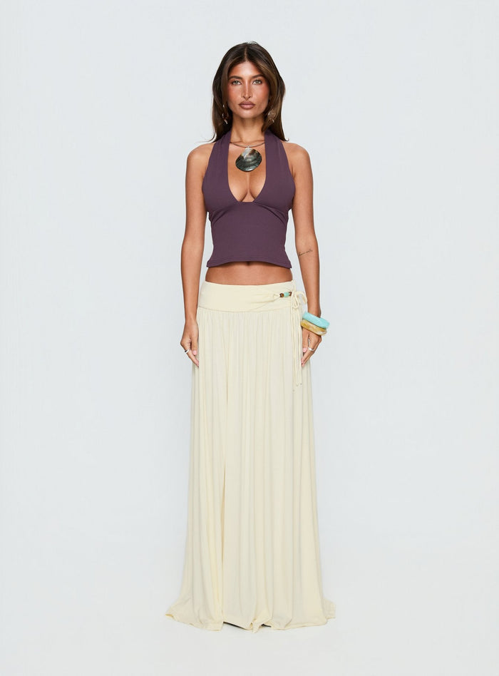 front view of model wearing Princess Polly Velvet Storm Tie Detail Flowy Maxi Skirt Cream Maxi Skirts Skirts