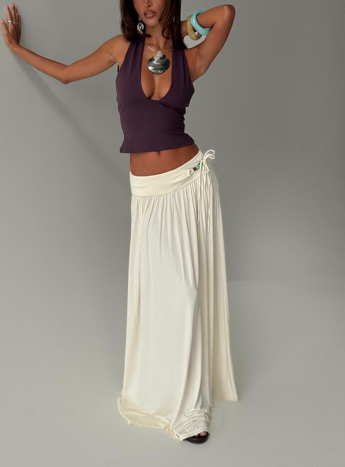 front view of model wearing Princess Polly Velvet Storm Tie Detail Flowy Maxi Skirt Cream Maxi Skirts Skirts