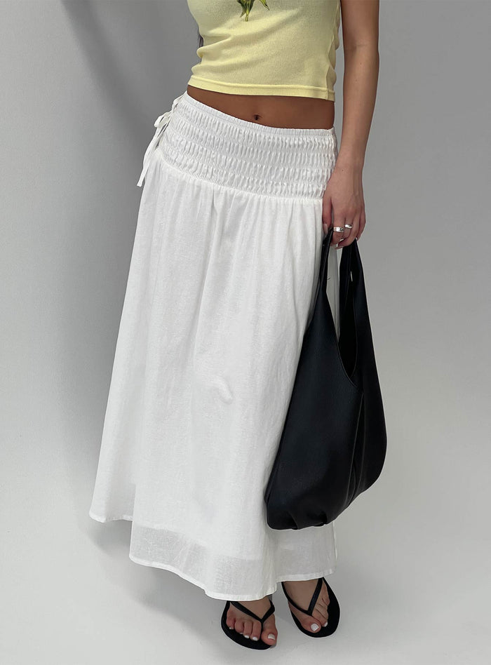 back view of model wearing Princess Polly Vence Ruched Maxi Skirt White Maxi
