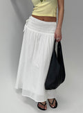 back view of model wearing Princess Polly Vence Ruched Maxi Skirt White Maxi