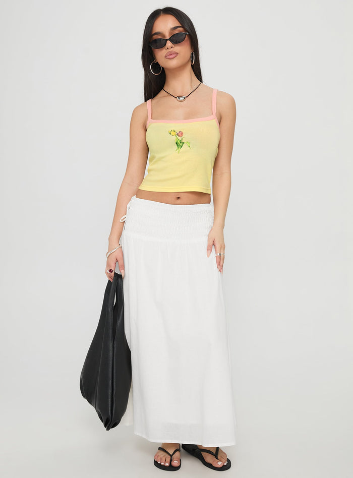 front view of model wearing Princess Polly Vence Ruched Maxi Skirt White Maxi
