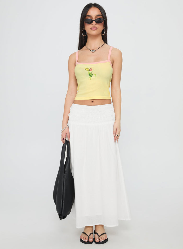 front view of model wearing Princess Polly Vence Ruched Maxi Skirt White Maxi