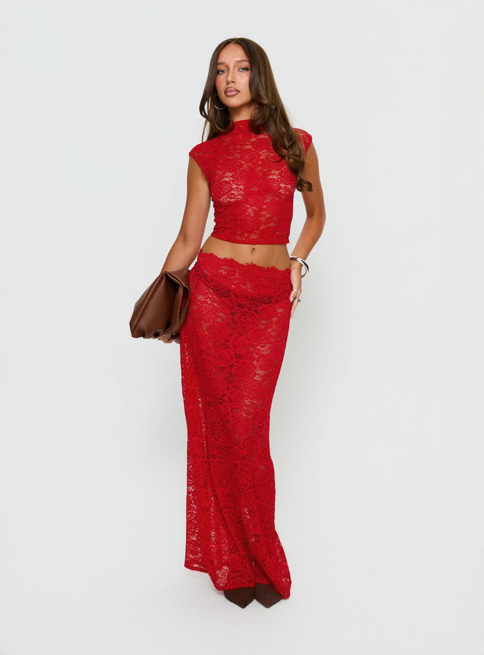 front view of model wearing Princess Polly Vionna Lace Maxi Skirt Red Maxi Skirts Skirts