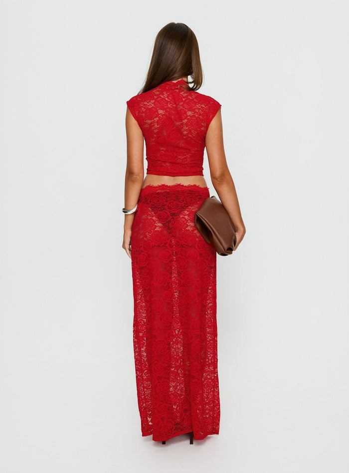 back view of model wearing Princess Polly Vionna Lace Maxi Skirt Red Maxi Skirts Skirts