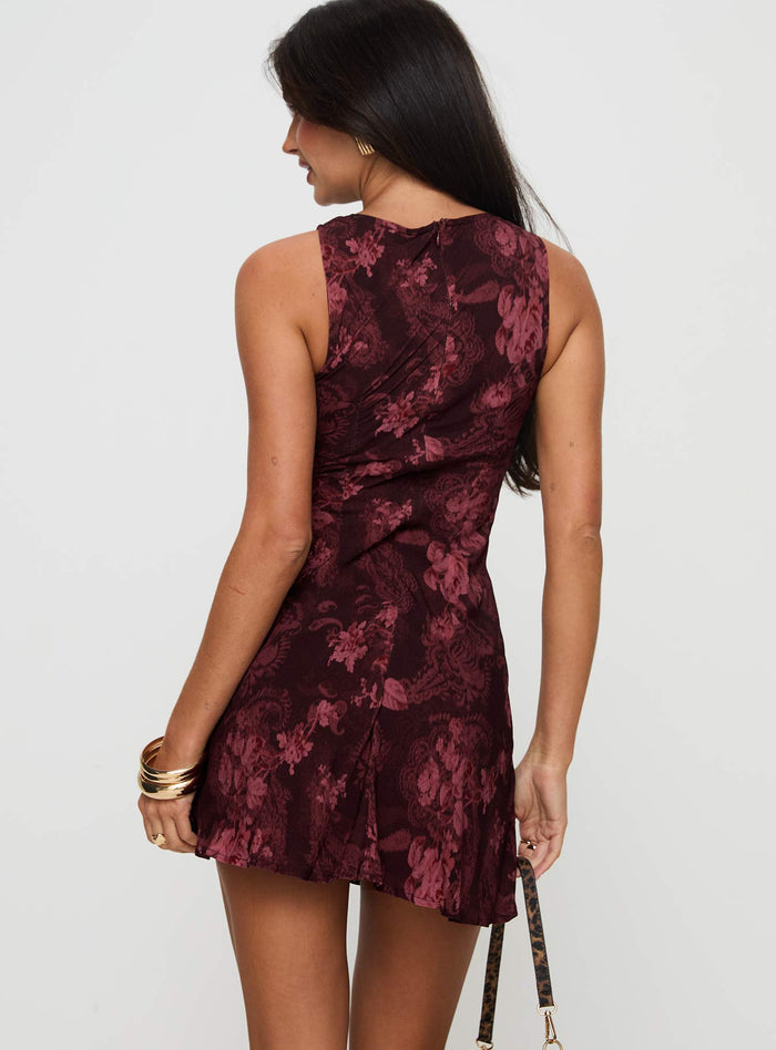 back view of model wearing Princess Polly Vivre Mini Dress Burgundy Paisley High Neck