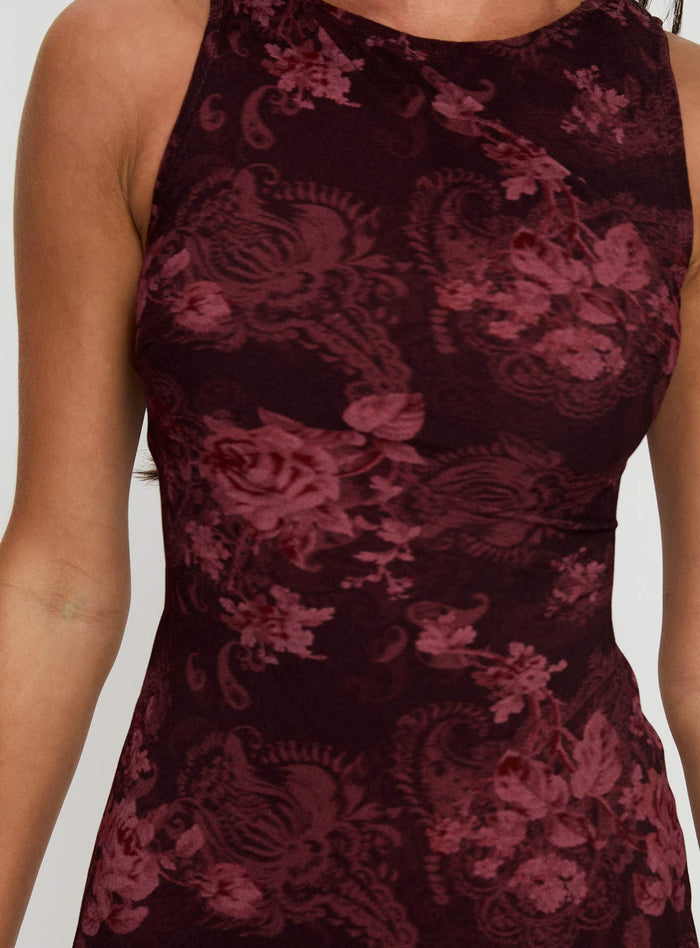 back view of model wearing Princess Polly Vivre Mini Dress Burgundy Paisley High Neck