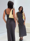 back view of model wearing Princess Polly Voyager Linen Blend Midi Dress Black Polka Crew Neck