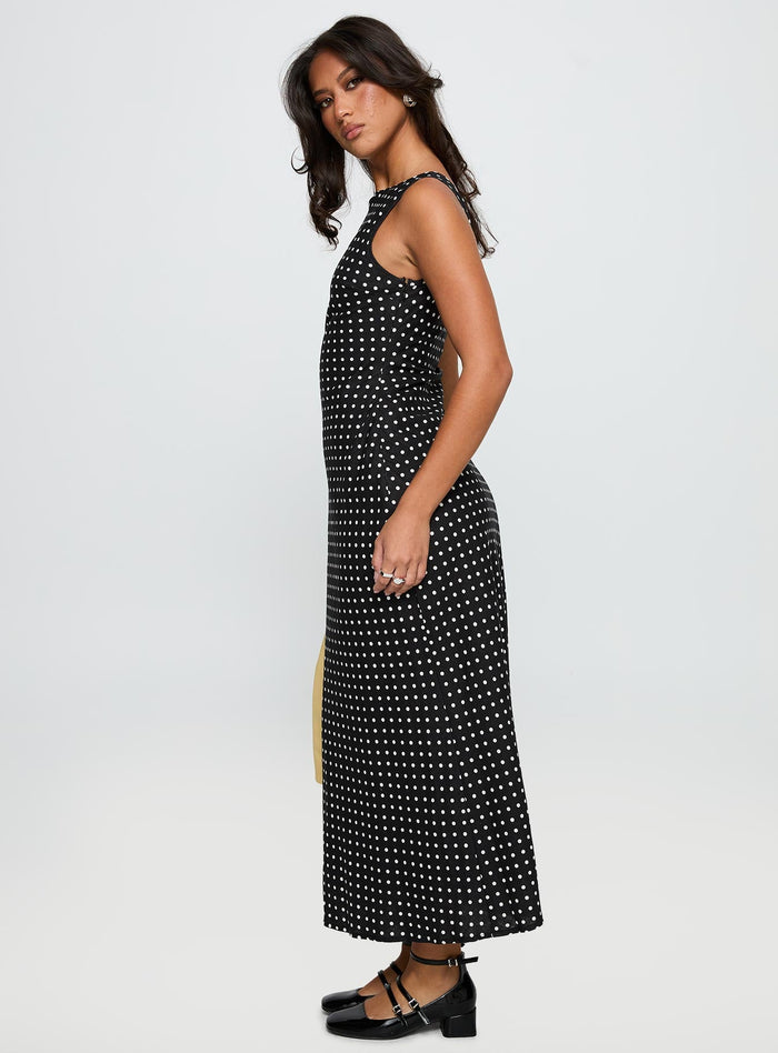 side view of model wearing Princess Polly Voyager Linen Blend Midi Dress Black Polka Crew Neck
