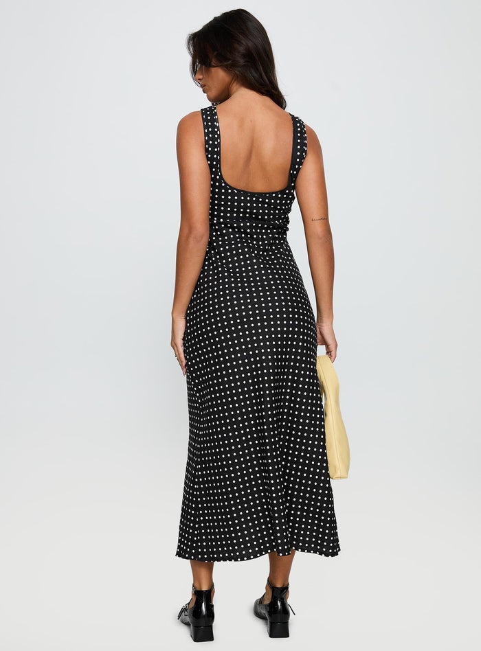 back view of model wearing Princess Polly Voyager Linen Blend Midi Dress Black Polka Crew Neck