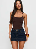 front view of model wearing Princess Polly Warna Low Rise Denim Mini Skirt Dark Wash Mini Skirts