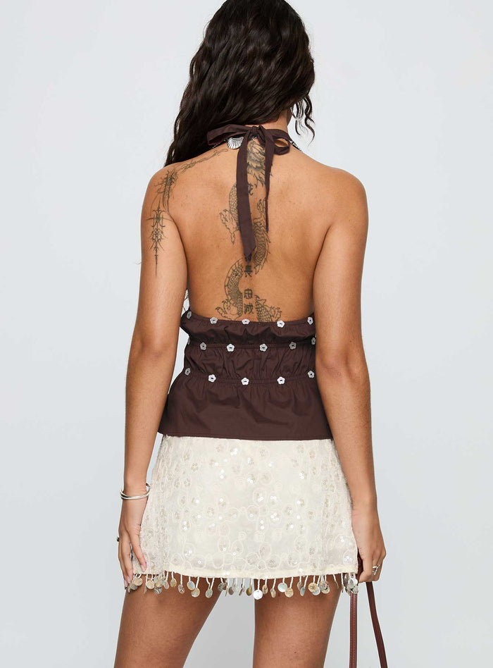 back view of model wearing Princess Polly We Made It Sequin Skort Cream High Waisted Shorts