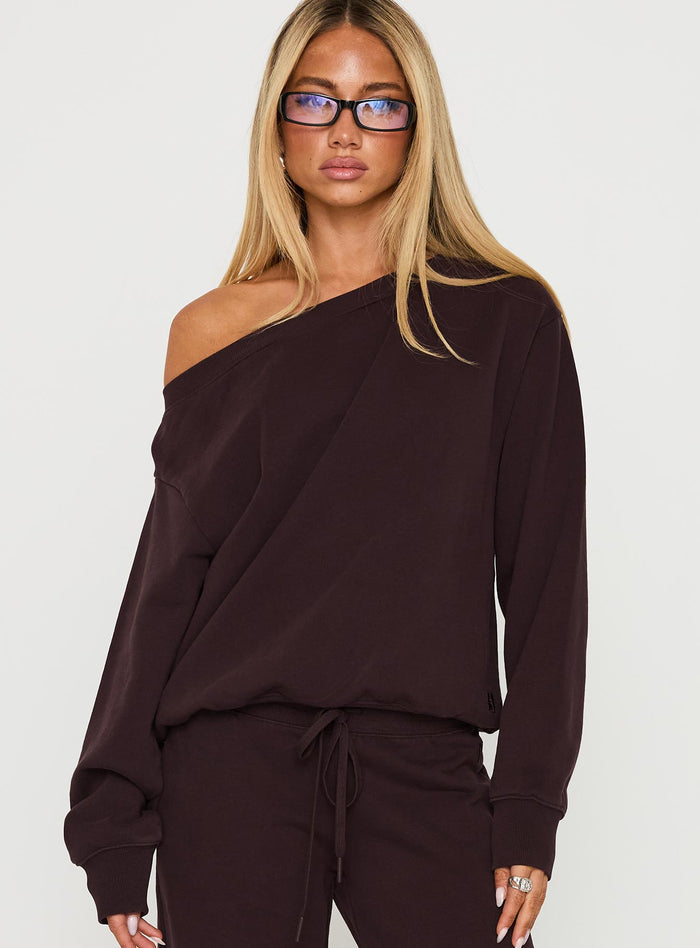 front view of model wearing Princess Polly Wellness Off The Shoulder Jumper Brown Cropped Jumpers