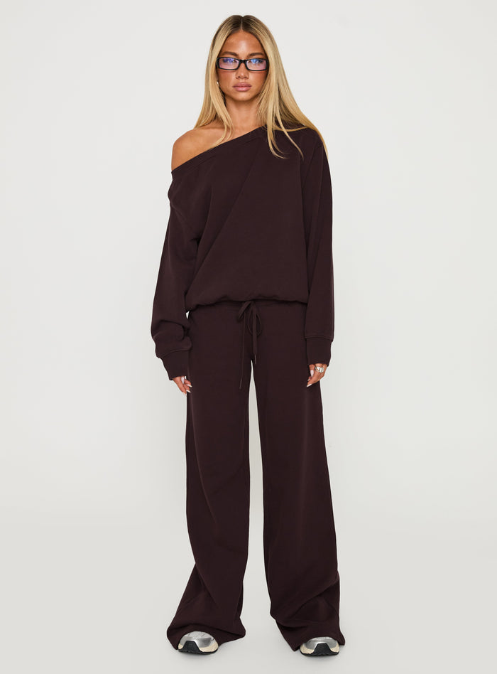 back view of model wearing Princess Polly Wellness Off The Shoulder Jumper Brown Cropped Jumpers