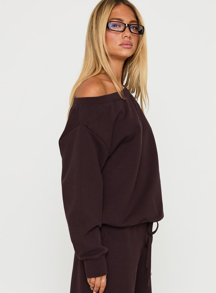 side view of model wearing Princess Polly Wellness Off The Shoulder Jumper Brown Cropped Jumpers
