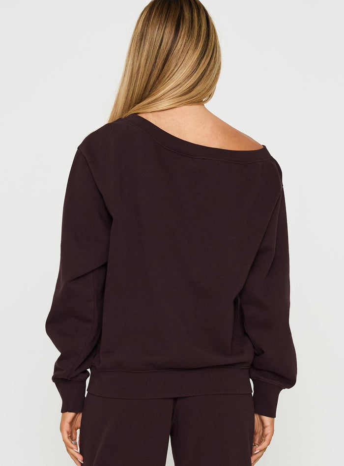 back view of model wearing Princess Polly Wellness Off The Shoulder Jumper Brown Cropped Jumpers