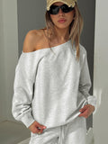 front view of model wearing Princess Polly Wellness Off the Shoulder Jumper Grey Marle Jumpers