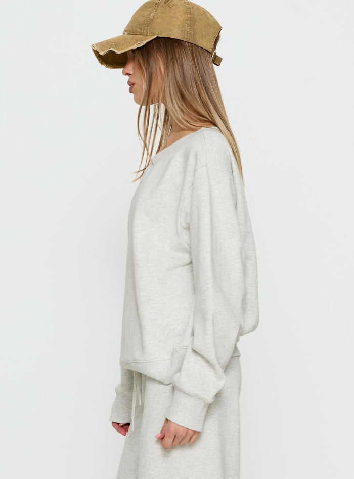 side view of model wearing Princess Polly Wellness Off the Shoulder Jumper Grey Marle Jumpers