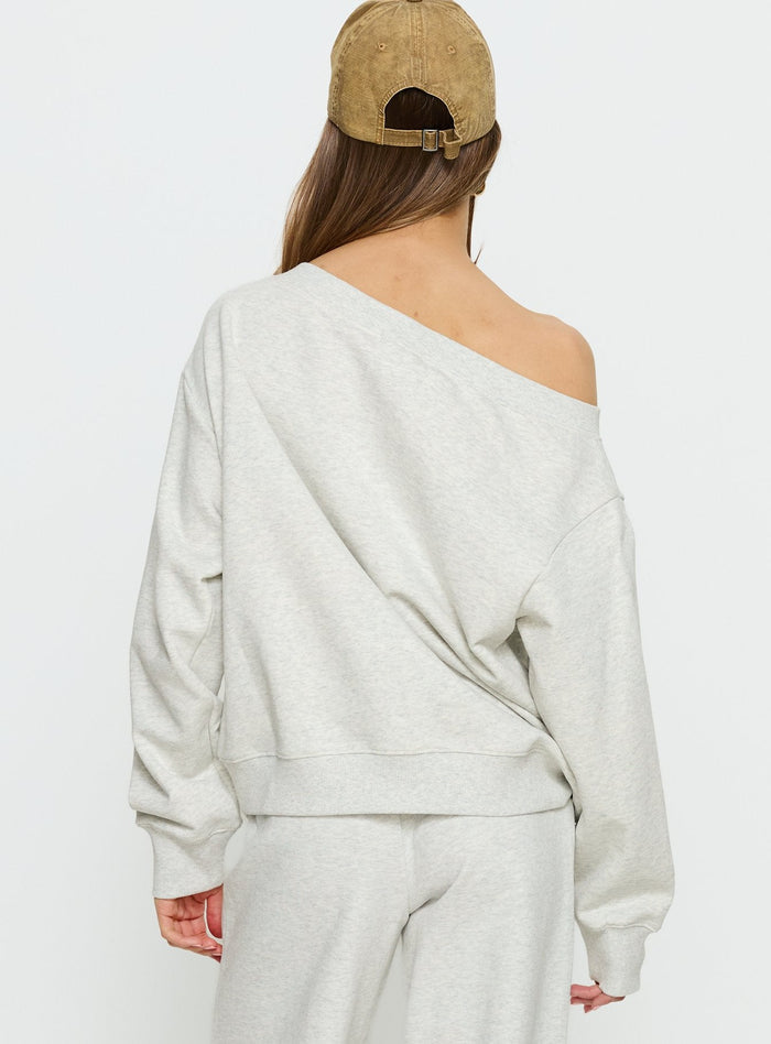 back view of model wearing Princess Polly Wellness Off the Shoulder Jumper Grey Marle Jumpers