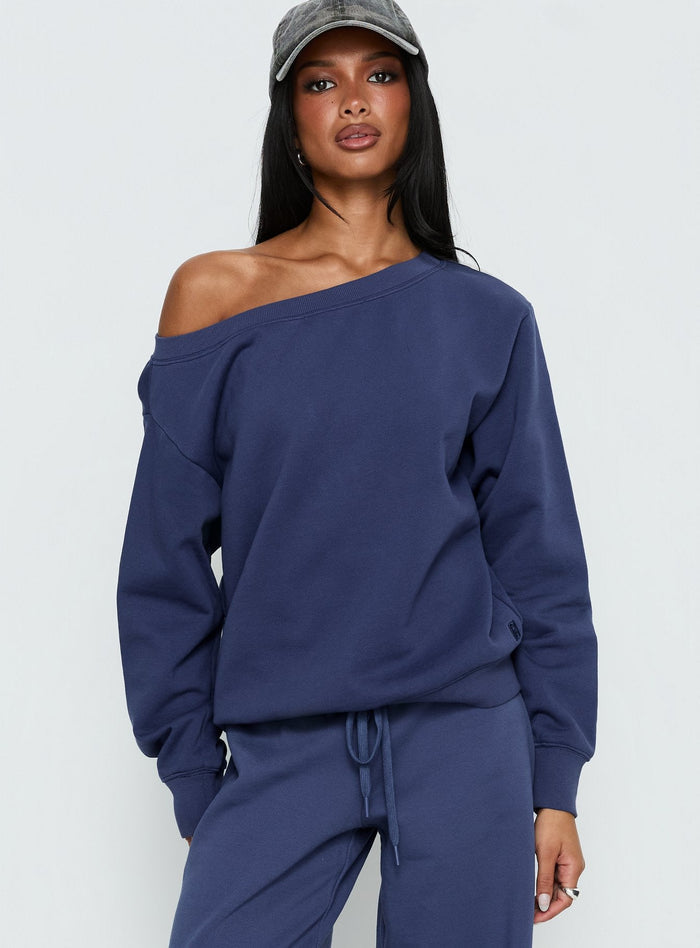 front view of model wearing Princess Polly Wellness Off the Shoulder Jumper Navy Jumpers