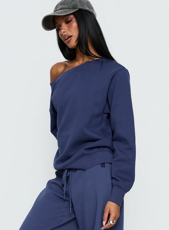 side view of model wearing Princess Polly Wellness Off the Shoulder Jumper Navy Jumpers