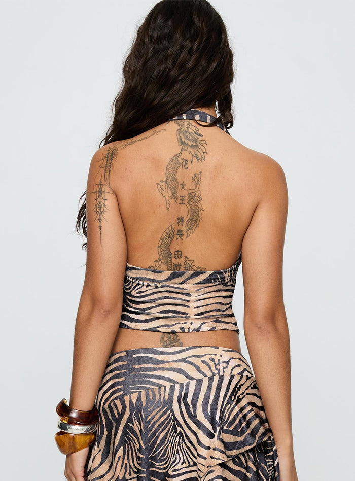 back view of model wearing Princess Polly Where Were You Cowl Neck Top Tiger Sleeveless Cowl