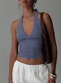 front view of model wearing Princess Polly Whimsy Halter Top Navy Gingham Sleeveless Sleeveless Plunger Plunger