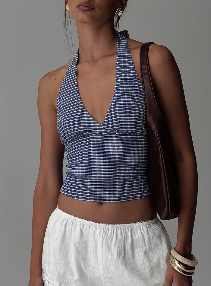 front view of model wearing Princess Polly Whimsy Halter Top Navy Gingham Sleeveless Sleeveless Plunger Plunger