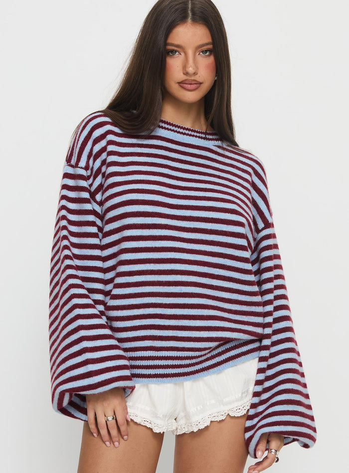 front view of model wearing Princess Polly Winter Stroll Knit Sweater Blue Stripe Longline Jumpers