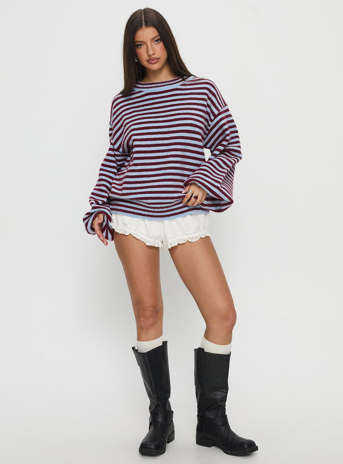 front view of model wearing Princess Polly Winter Stroll Knit Sweater Blue Stripe Longline Jumpers
