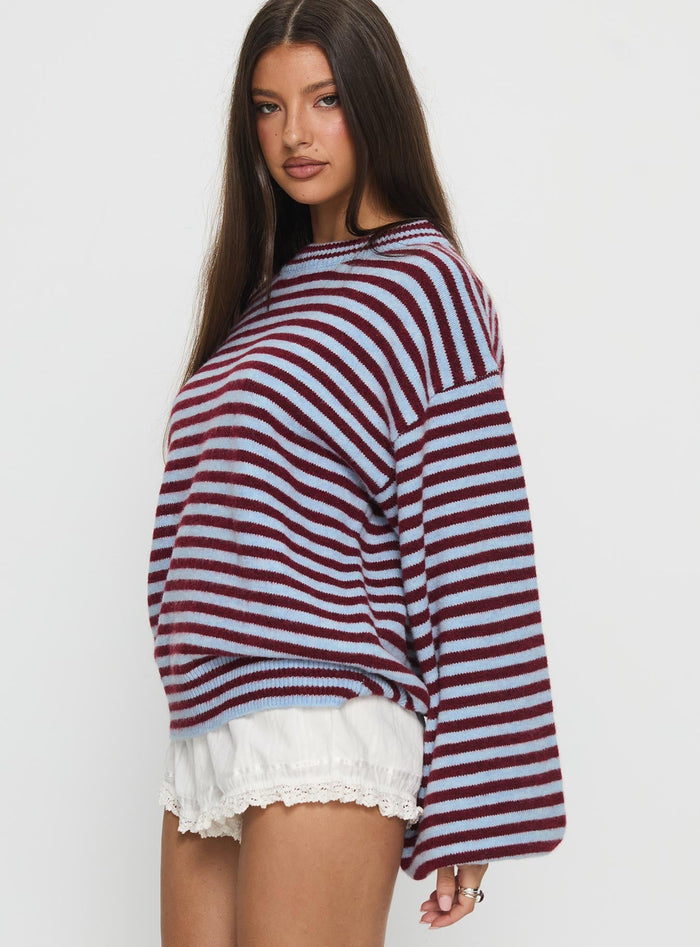 side view of model wearing Princess Polly Winter Stroll Knit Sweater Blue Stripe Longline Jumpers