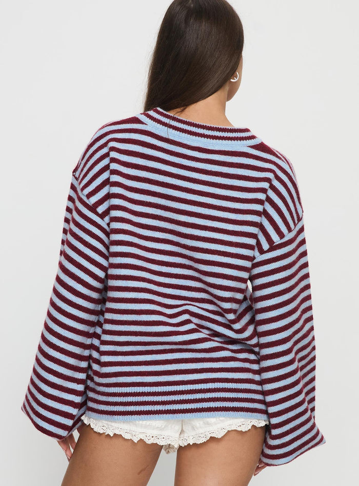 back view of model wearing Princess Polly Winter Stroll Knit Sweater Blue Stripe Longline Jumpers