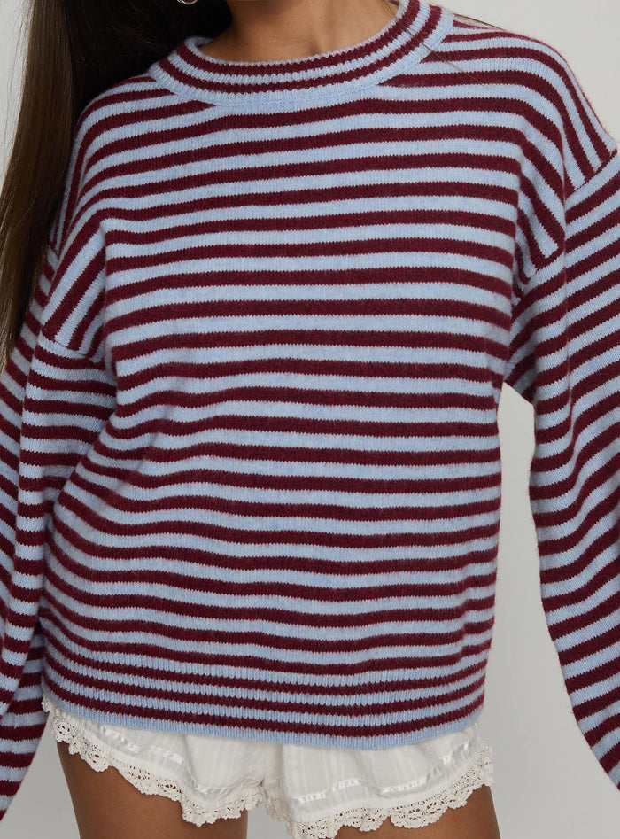 back view of model wearing Princess Polly Winter Stroll Knit Sweater Blue Stripe Longline Jumpers