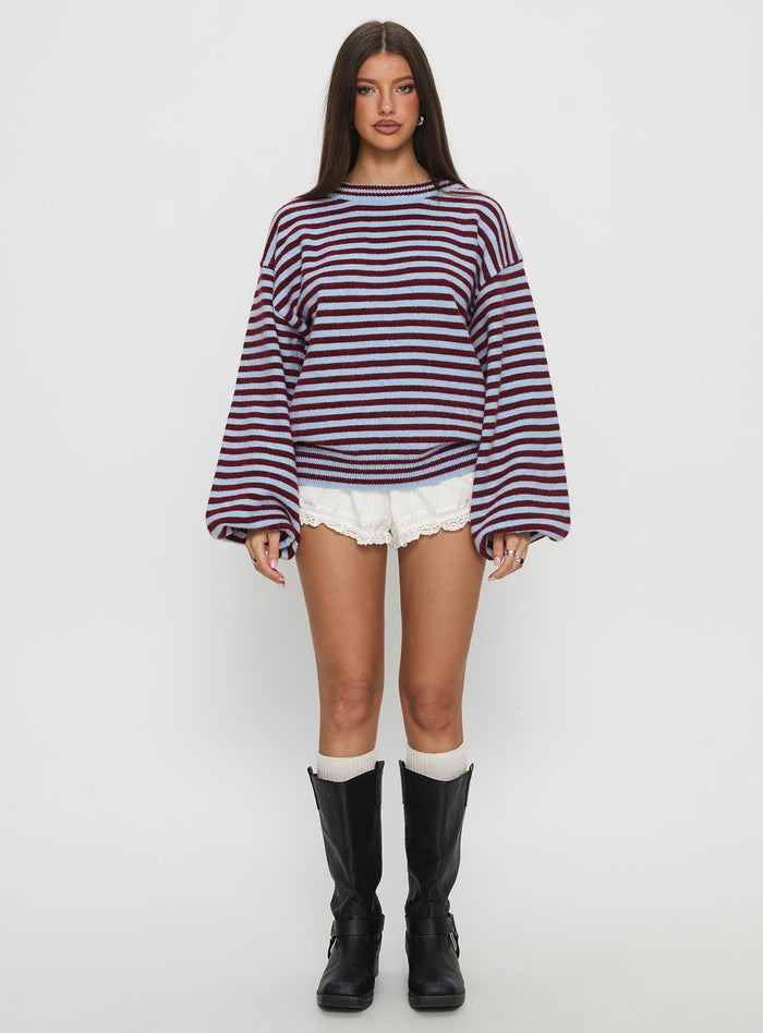 front view of model wearing Princess Polly Winter Stroll Knit Sweater Blue Stripe Longline Jumpers