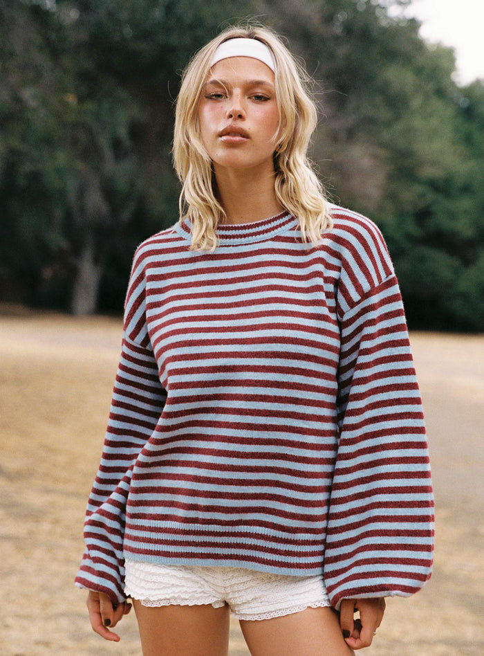 front view of model wearing Princess Polly Winter Stroll Knit Sweater Blue Stripe Longline Jumpers