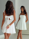 back view of model wearing Princess Polly Xanthus Embroidered Mini Dress White Square Neck