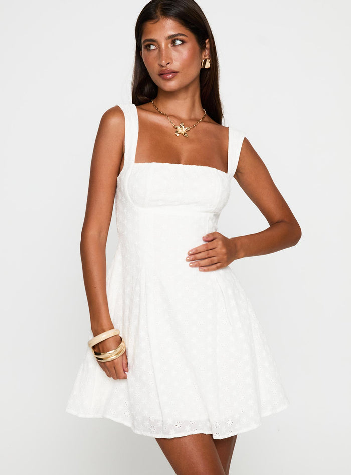 side view of model wearing Princess Polly Xanthus Embroidered Mini Dress White Square Neck