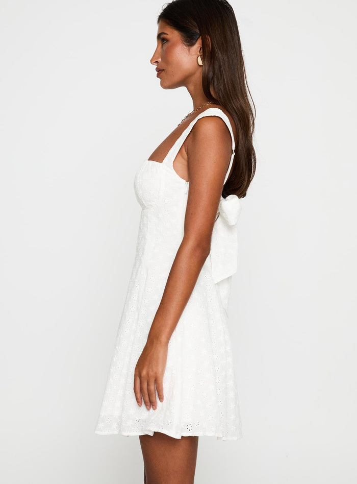 side view of model wearing Princess Polly Xanthus Embroidered Mini Dress White Square Neck