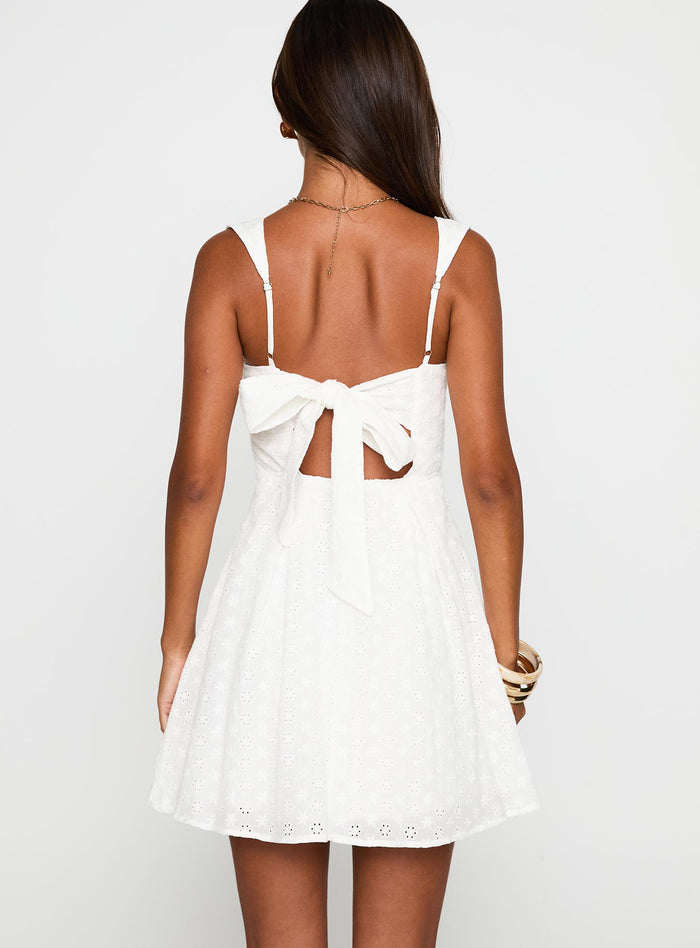 back view of model wearing Princess Polly Xanthus Embroidered Mini Dress White Square Neck