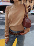 side view of model wearing Princess Polly Xaria Off Shoulder Knit Sweater Tan