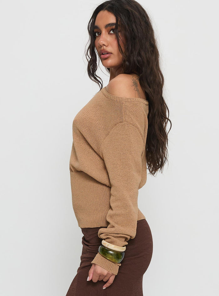 side view of model wearing Princess Polly Xaria Off Shoulder Knit Sweater Tan